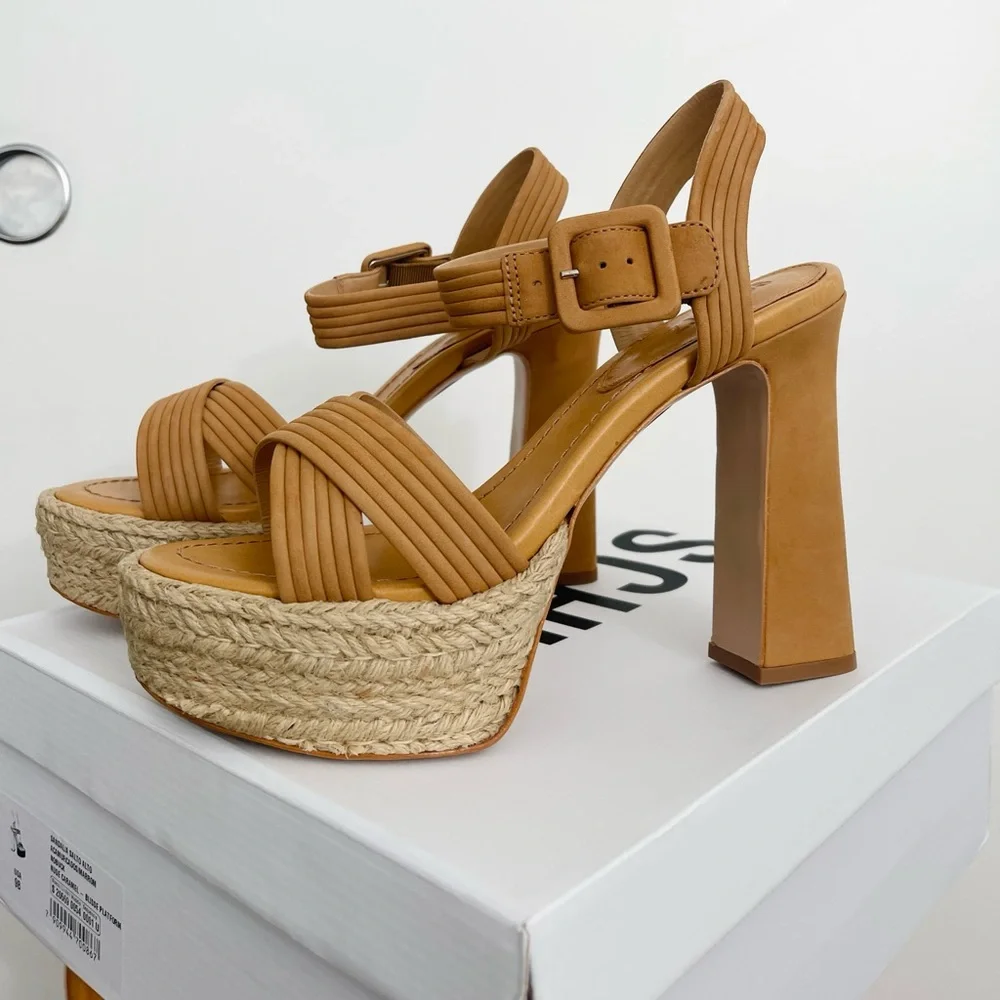 NWT Schutz Blisse Nobuck Leather Platform Sandals Heels Nude Caramel Size 9 B